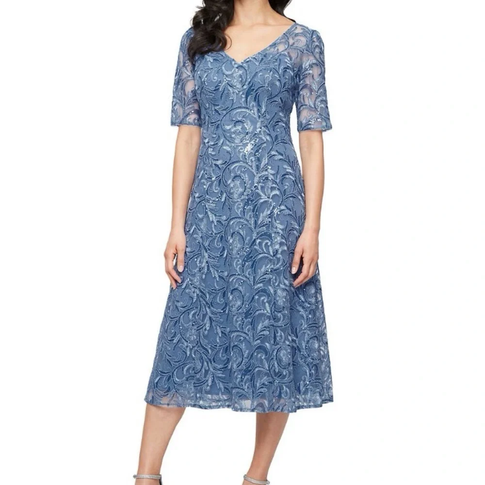 Alex Evenings Dusty Blue Embroidered Lace Midi Dress - Picture 1 of 3
